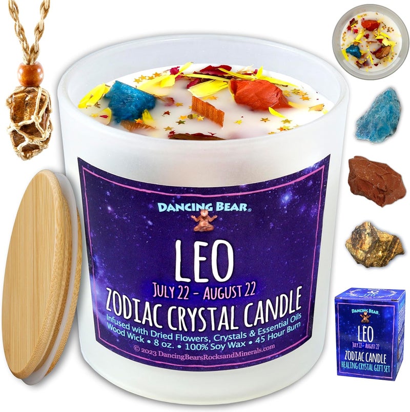 Dancing Bear Leo Zodiac Candle Gift Box Set with 3 Healing Crystals & Stone Holder Necklace, 100% Soy Scented Wax, Crackling Wood Wick, 45 Hour Burn Time - Image 1